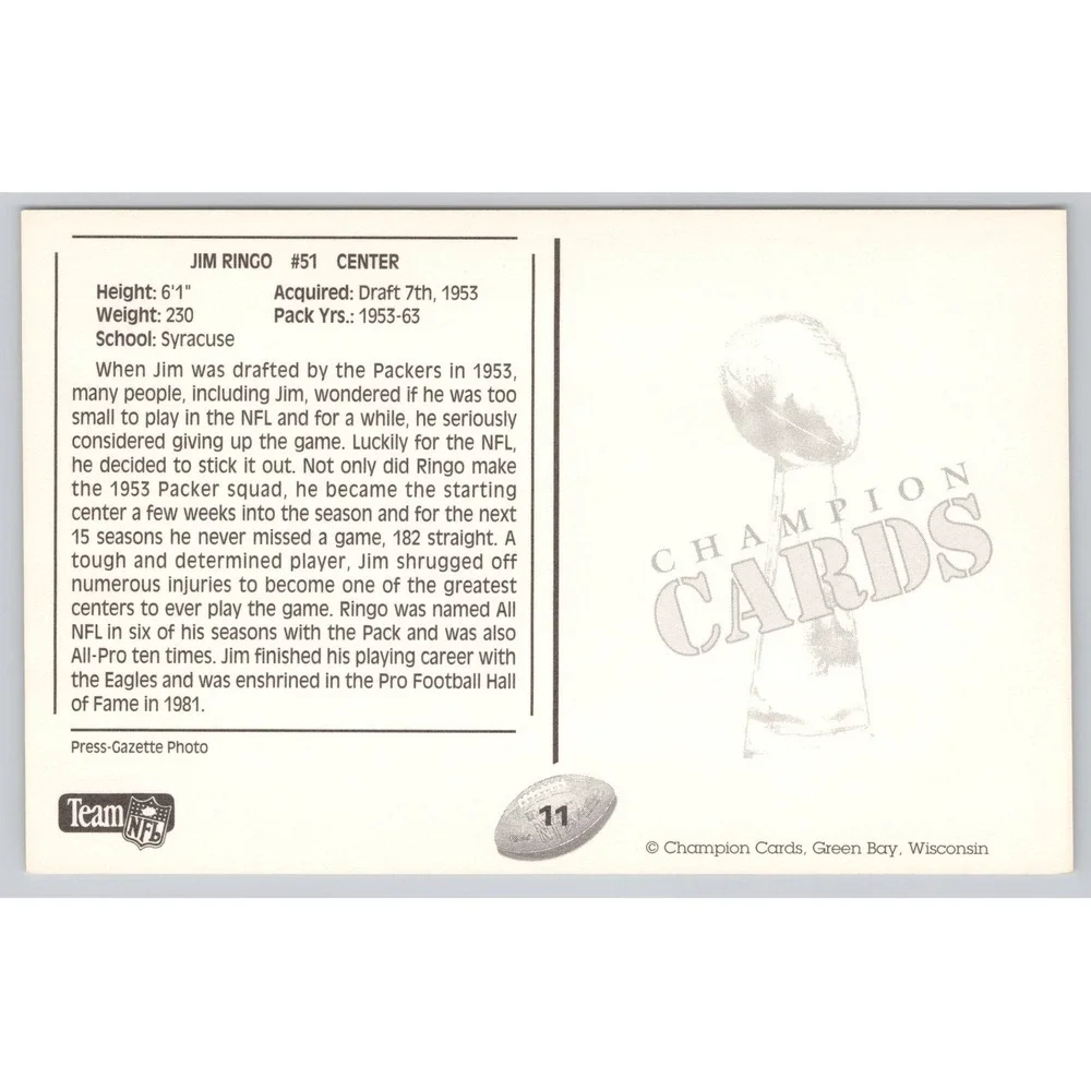 Jim Ringo 51‎ Green Bay Packers 1953 Football Card WI Postcard